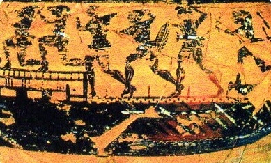 Particolare dell'Hydria etrusca a figure nere del pittore di Micali con nave da guerra(510-500 a.C.)
